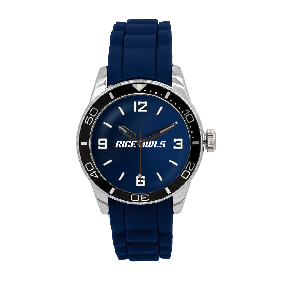 Rice Owls Silicone Band Round watch with navy silicone band
