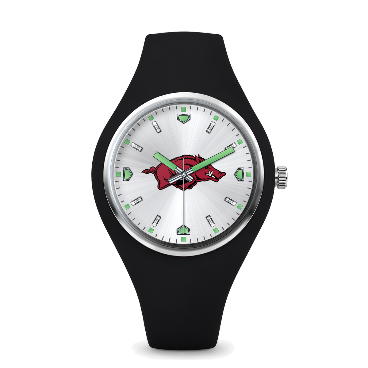 Arkansas Razorbacks Silver Dial Silicone Watch with black silicone band