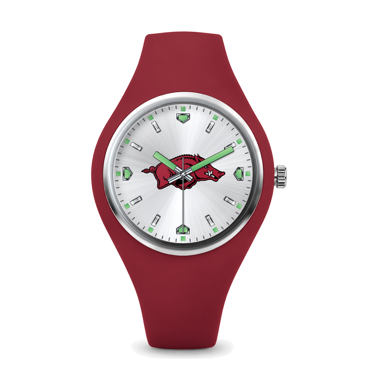 Arkansas Razorbacks Silver Dial Silicone Watch with red silicone band