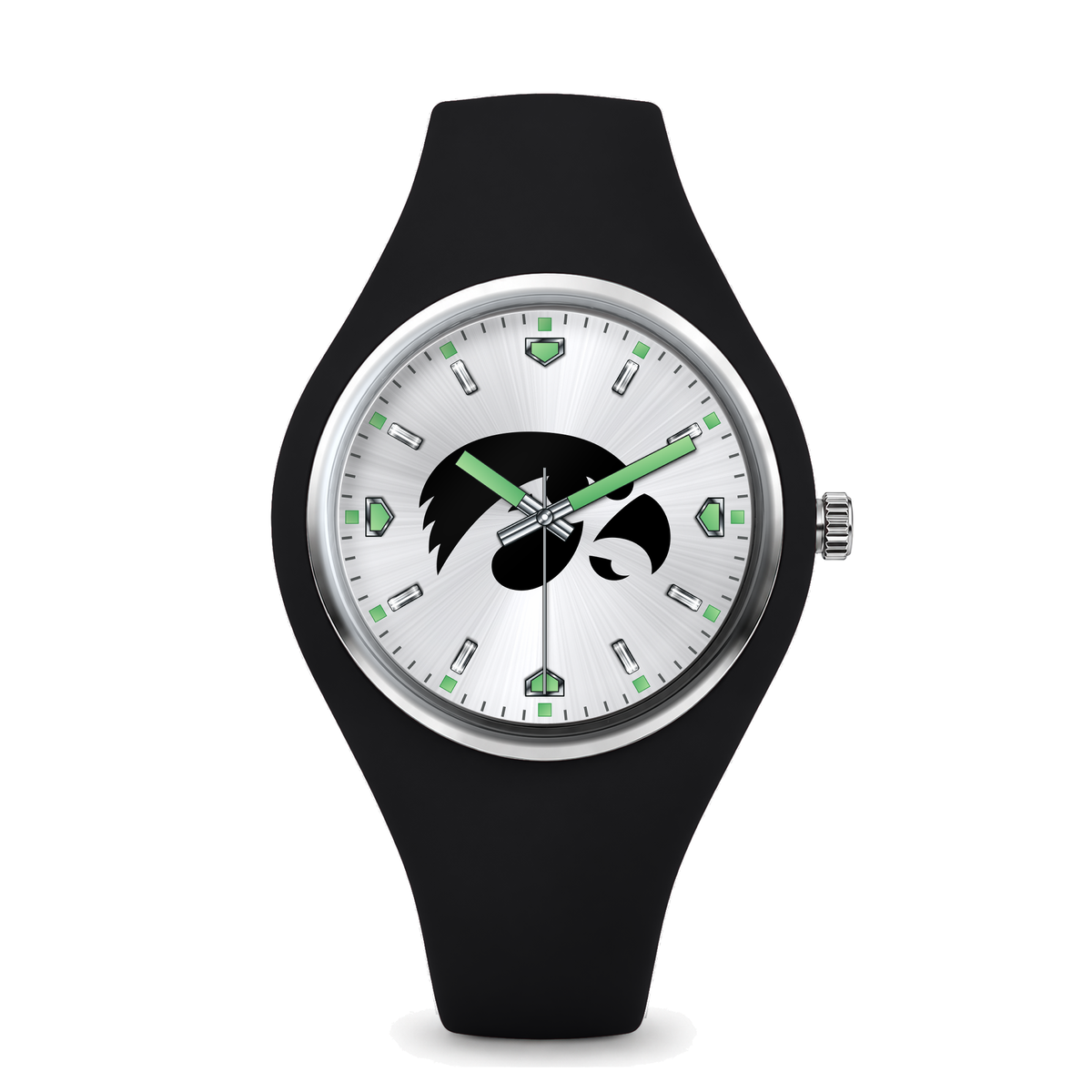 Iowa Hawkeyes Silver Dial Silicone Watch with black silicone band