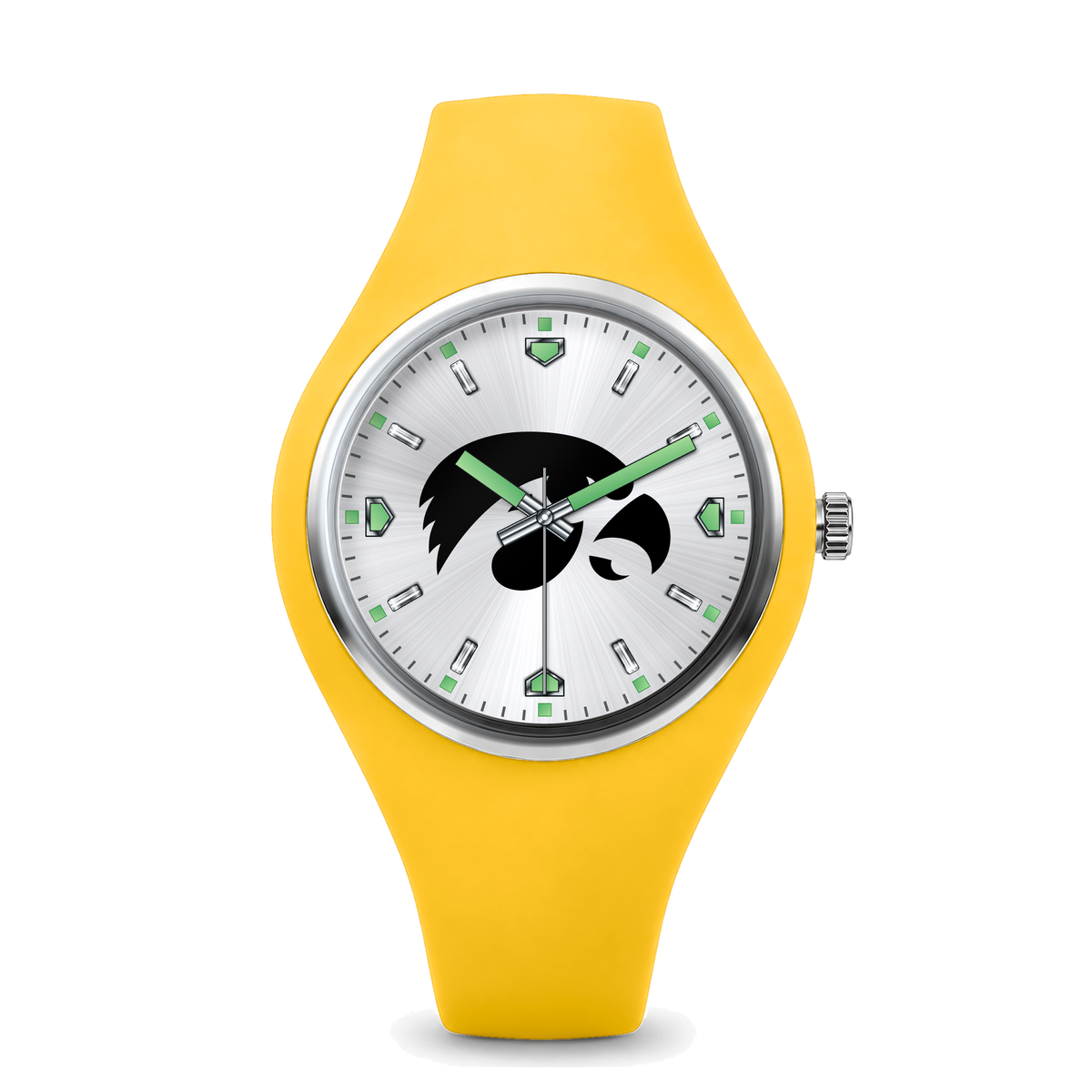 Iowa Hawkeyes Silver Dial Silicone Watch with yellow silicone band