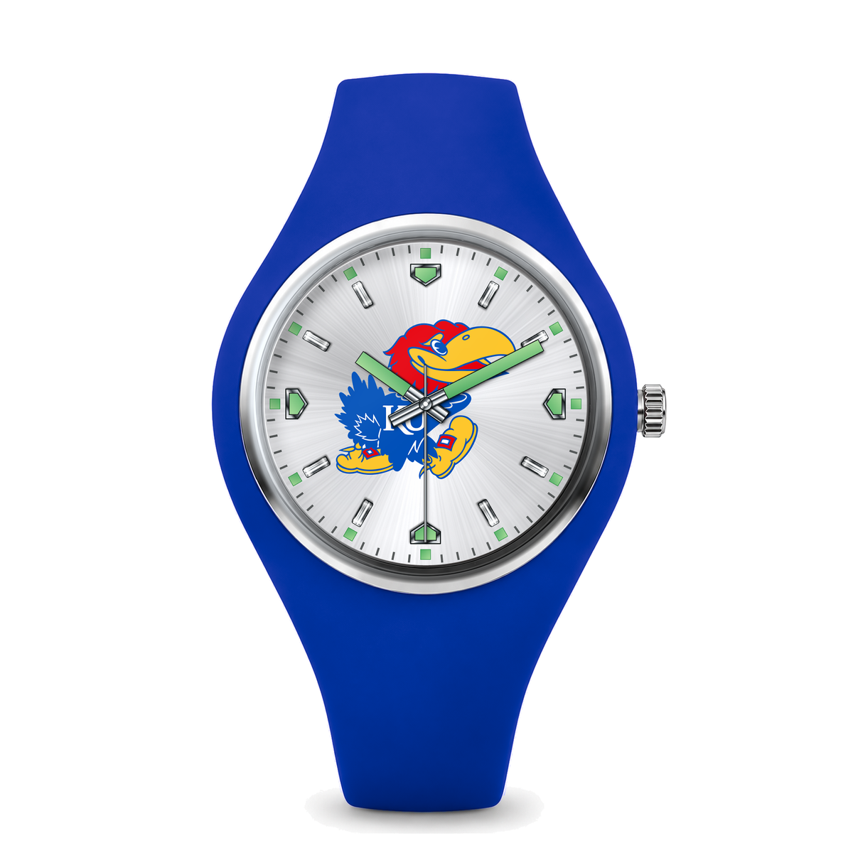 Kansas Jayhawks Silver Dial Silicone Watch with blue silicone band