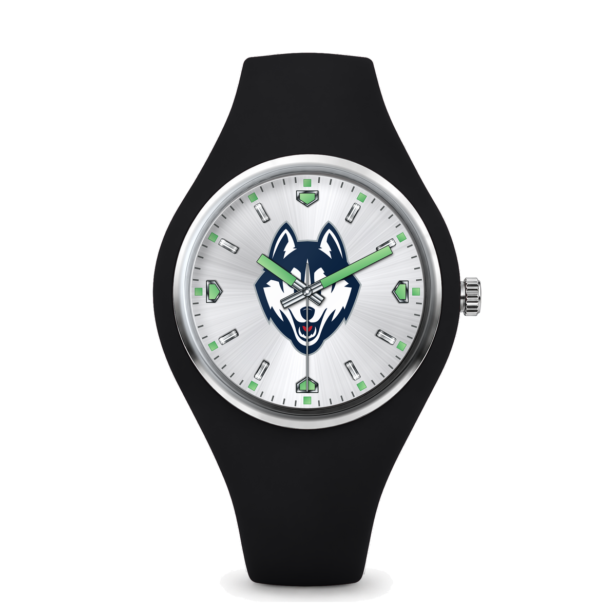 UConn Huskies Silver Dial Silicone Watch with black silicone band