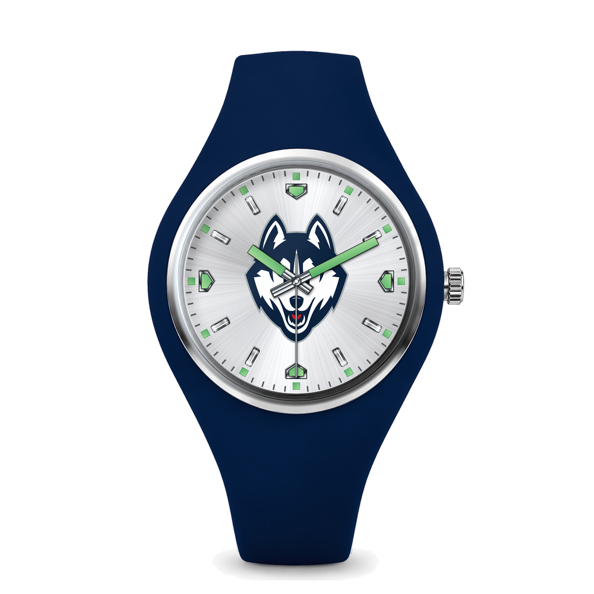 UConn Huskies Silver Dial Silicone Watch with navy silicone band