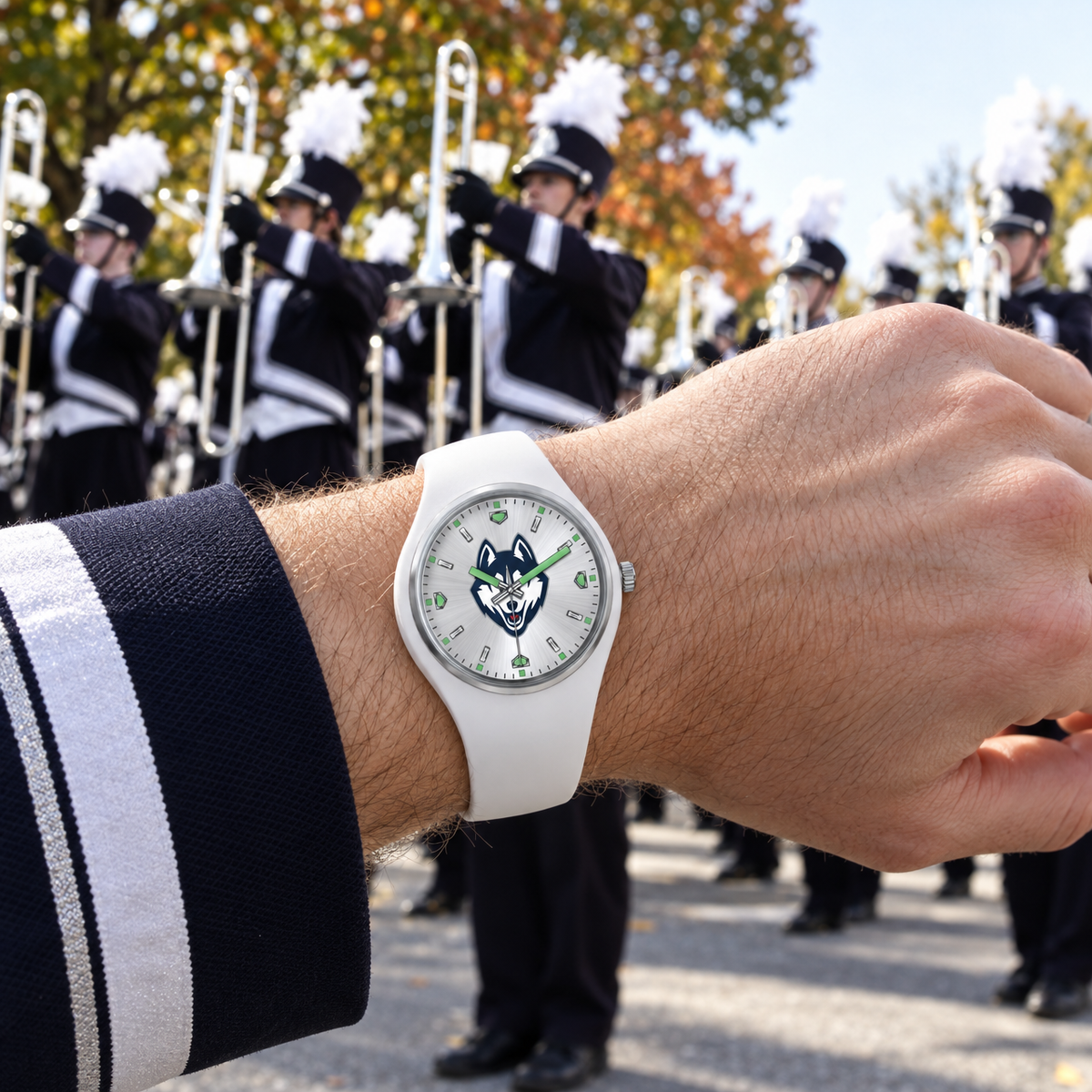 Over 300 members, all brass and bold - UConn Huskies watch