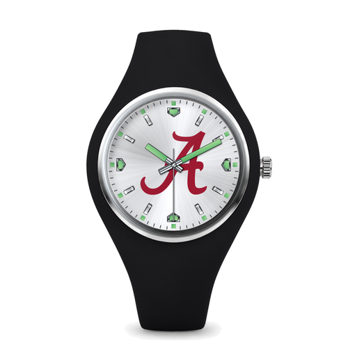 Alabama Crimson Tide Silver Dial Silicone Watch with black silicone band