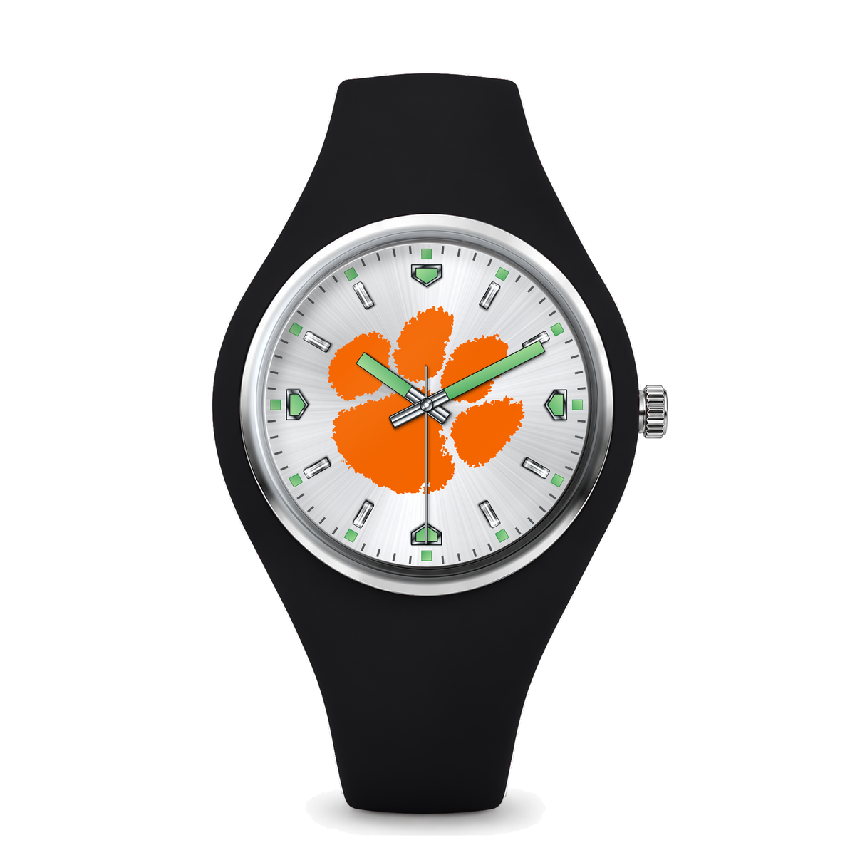 Clemson Tigers Silver Dial Silicone Watch with black silicone band