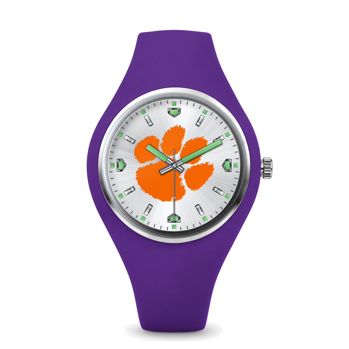 Clemson Tigers Silver Dial Silicone Watch with purple silicone band