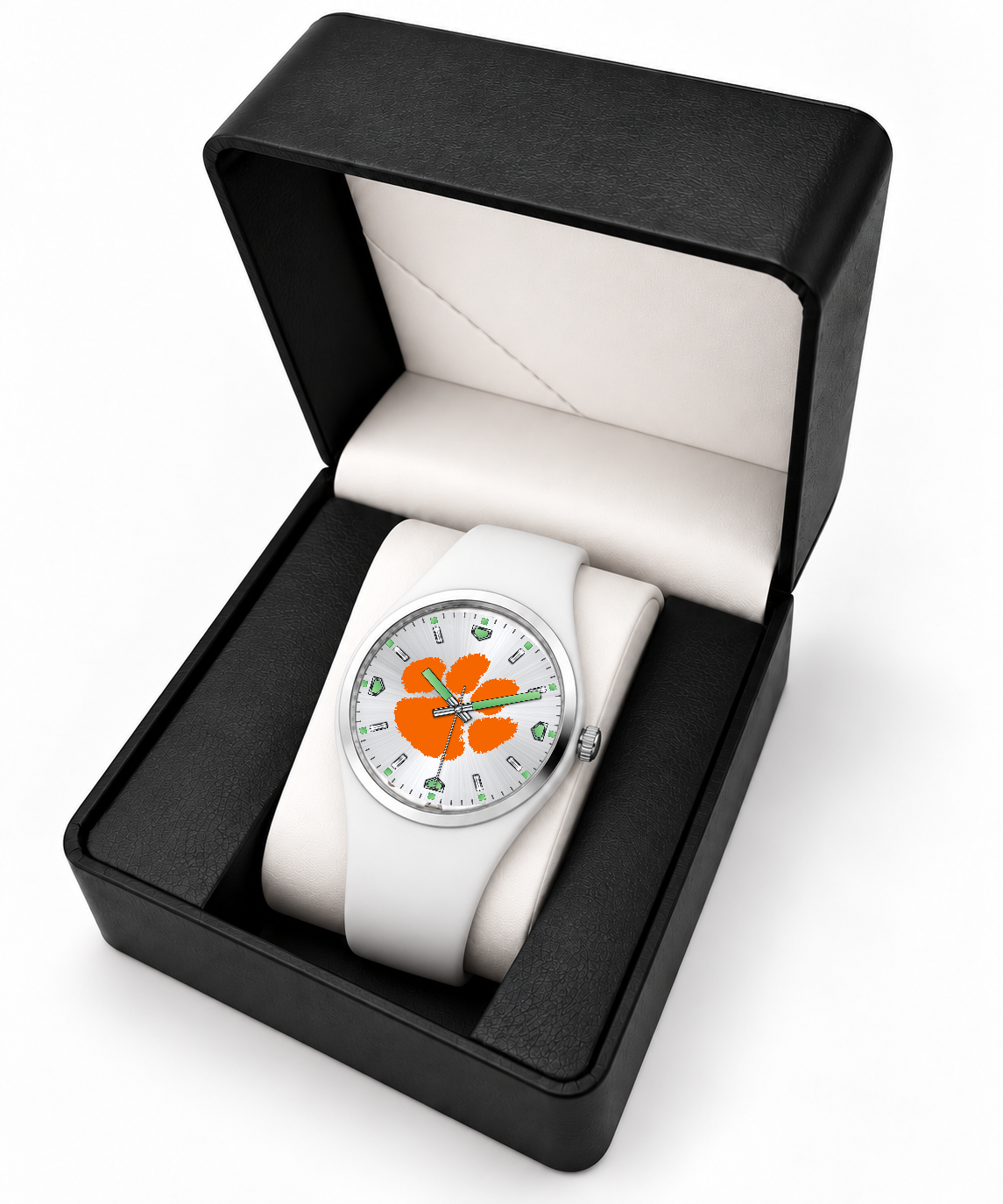 Clemson Tigers Silver Dial Silicone Watch with white silicone band in LicensedTime gift box