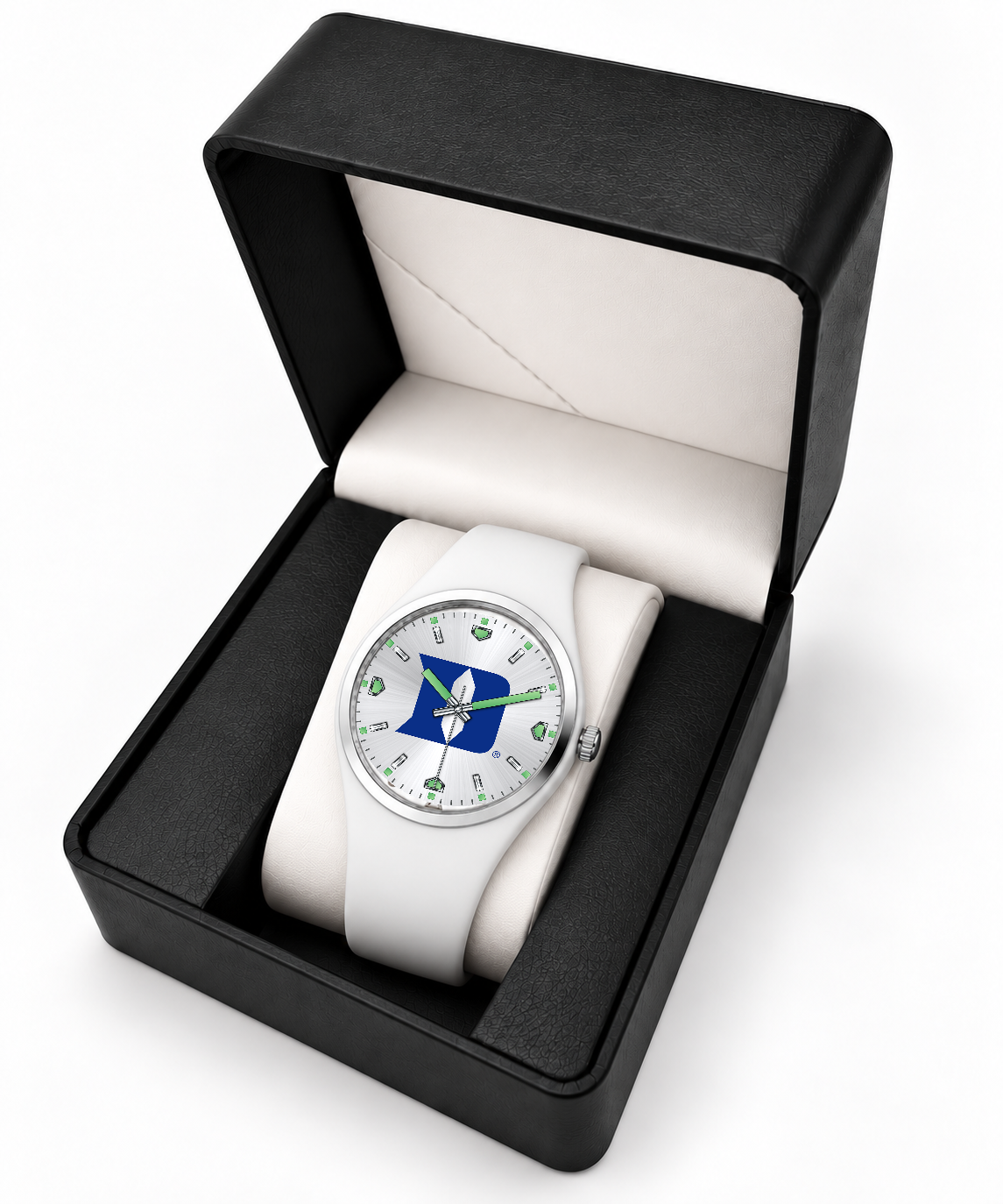 Duke Blue Devils Silver Dial Silicone Watch with white silicone band in LicensedTime gift box