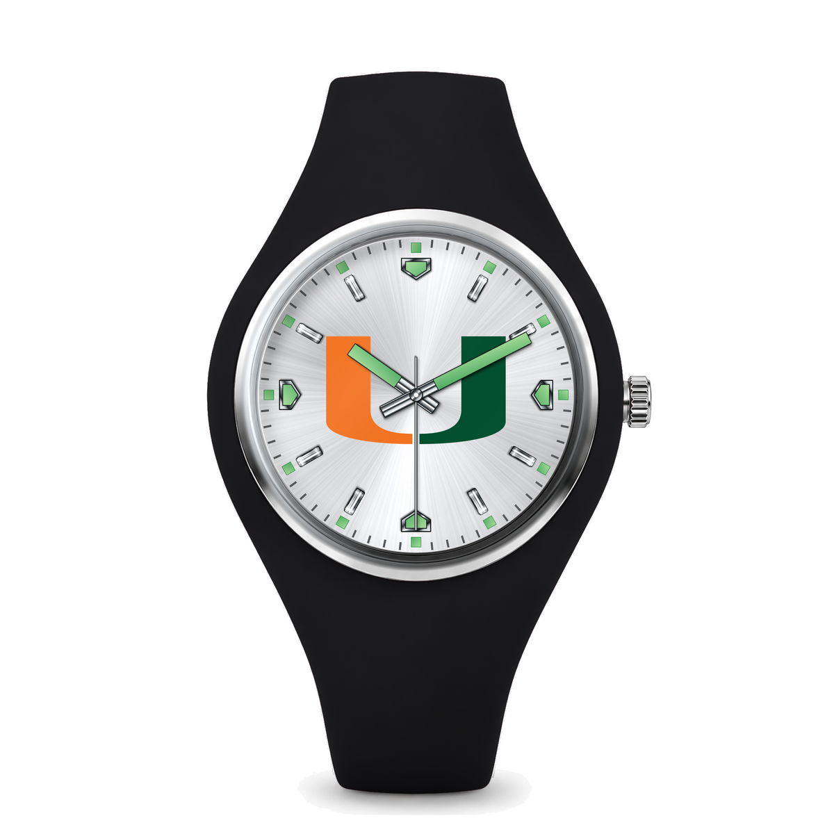 Miami Hurricanes Silver Dial Silicone Watch with black silicone band