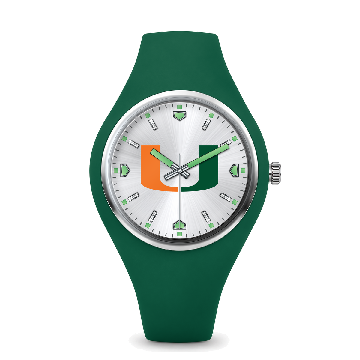 Miami Hurricanes Silver Dial Silicone Watch with green silicone band