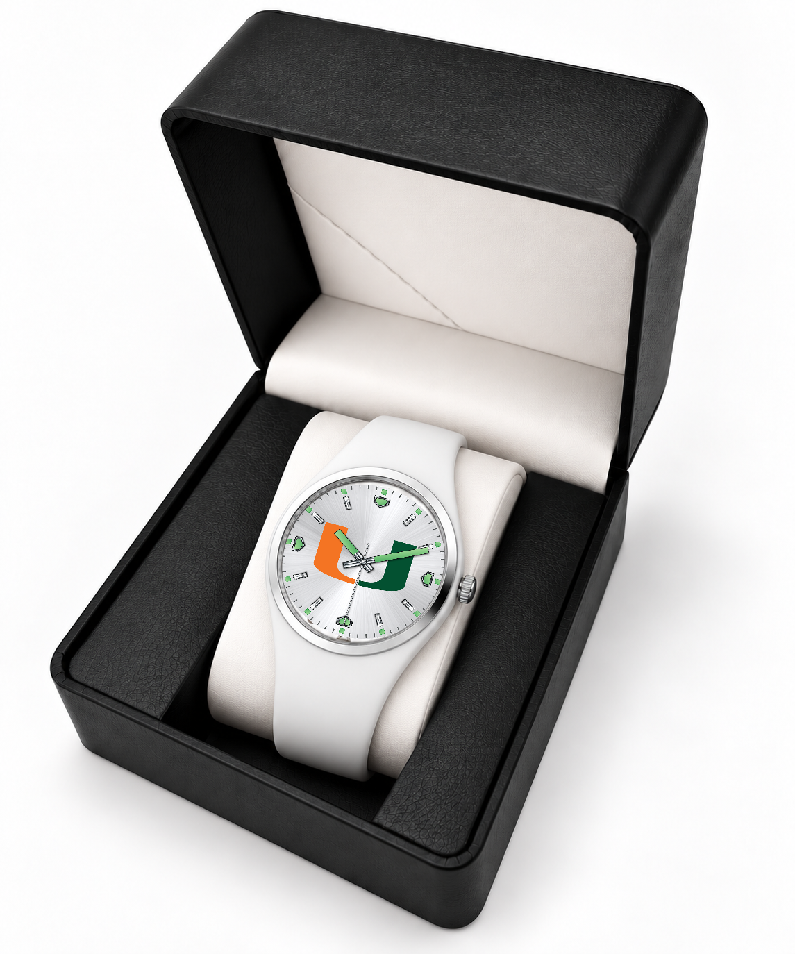 Miami Hurricanes Silver Dial Silicone Watch with white silicone band in LicensedTime gift box
