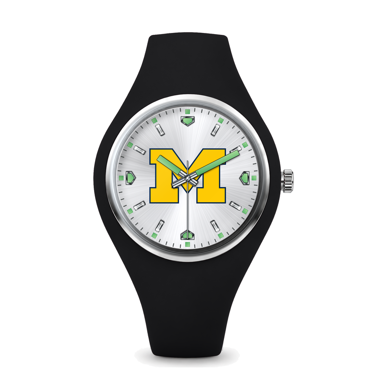 Michigan Wolverines Silver Dial Silicone Watch with black silicone band