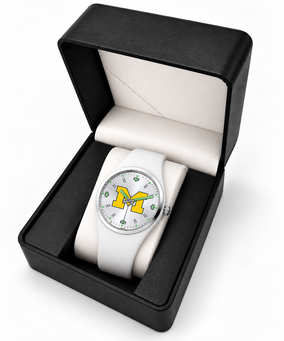 Michigan Wolverines Silver Dial Silicone Watch with white silicone band in LicensedTime gift box
