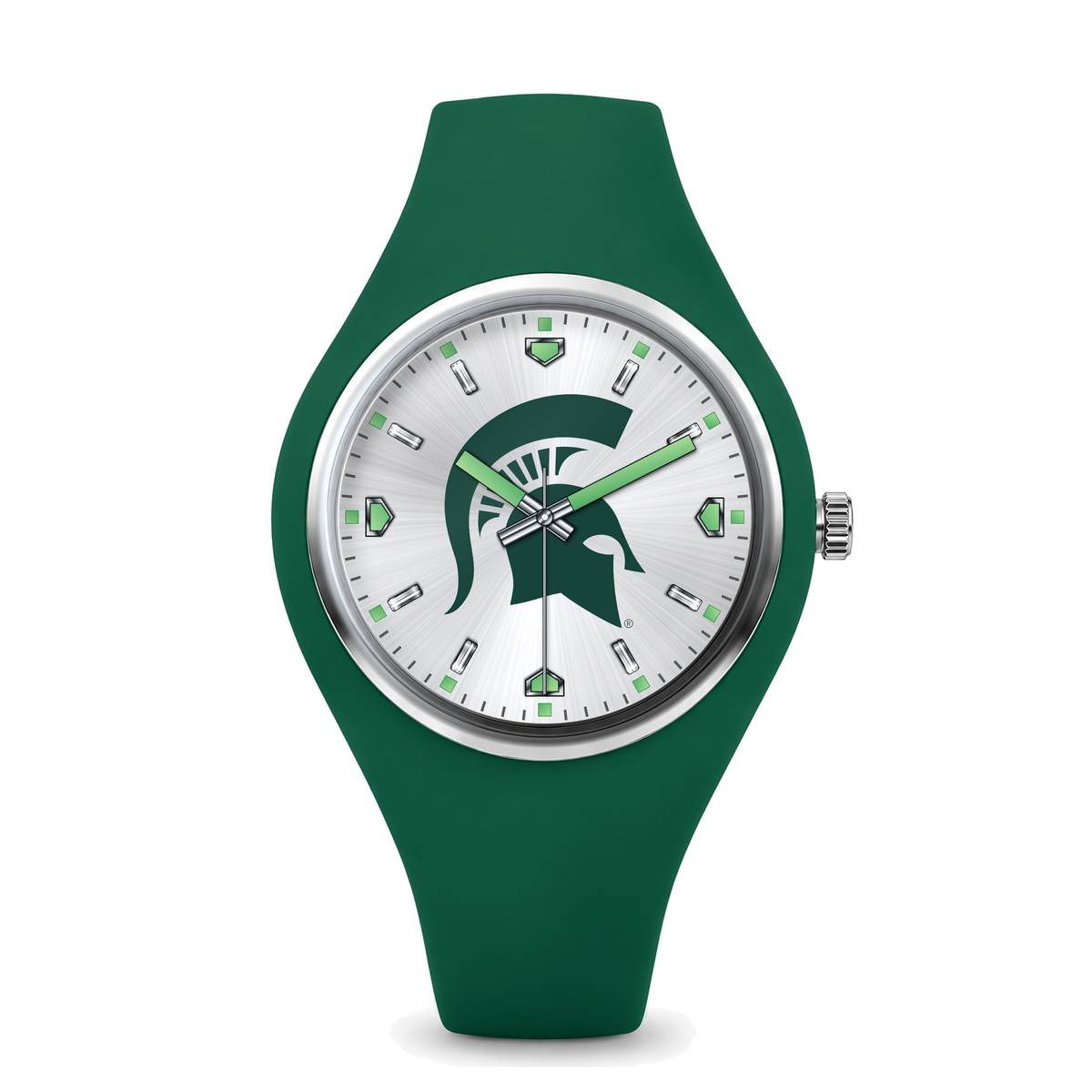 Michigan State Spartans Silver Dial Silicone Watch with green silicone band