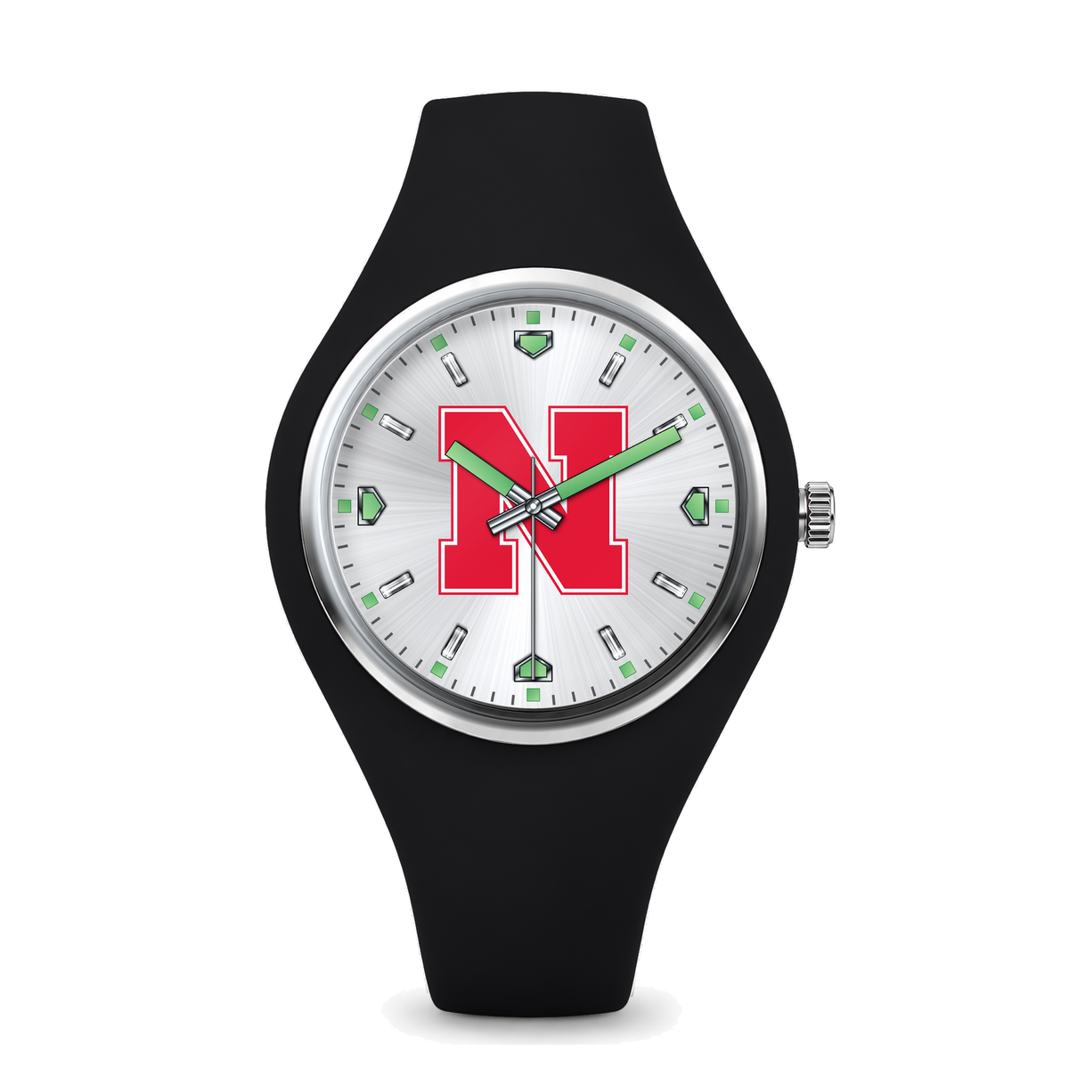 Nebraska Cornhuskers Silver Dial Silicone Watch with black silicone band