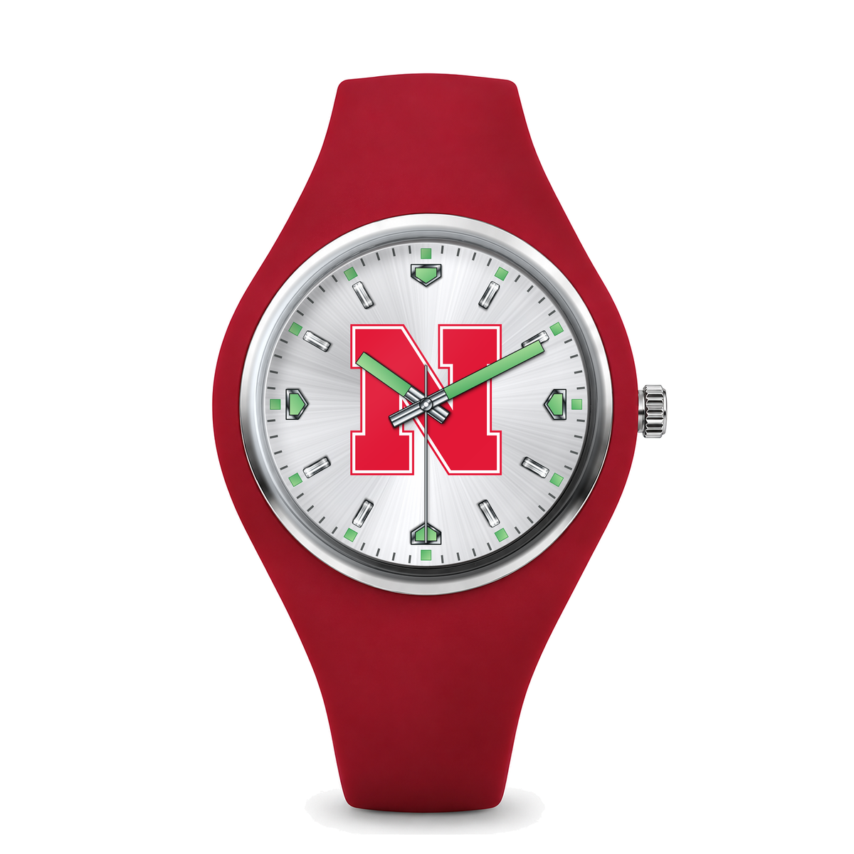 Nebraska Cornhuskers Silver Dial Silicone Watch with red silicone band