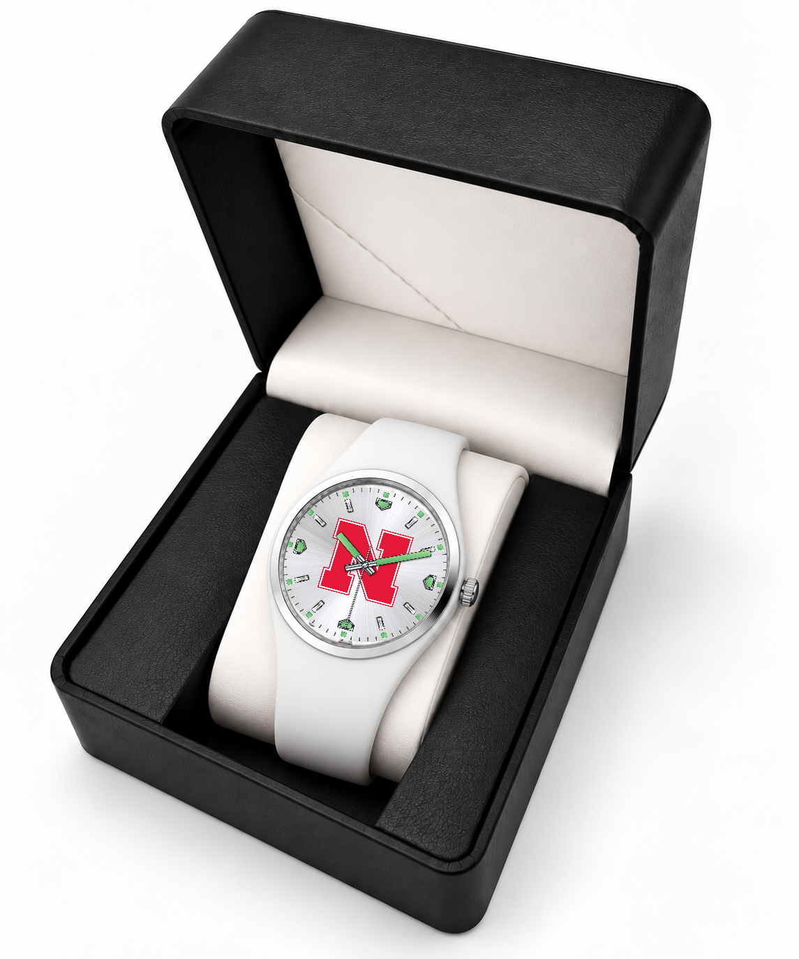Nebraska Cornhuskers Silver Dial Silicone Watch with white silicone band in LicensedTime gift box