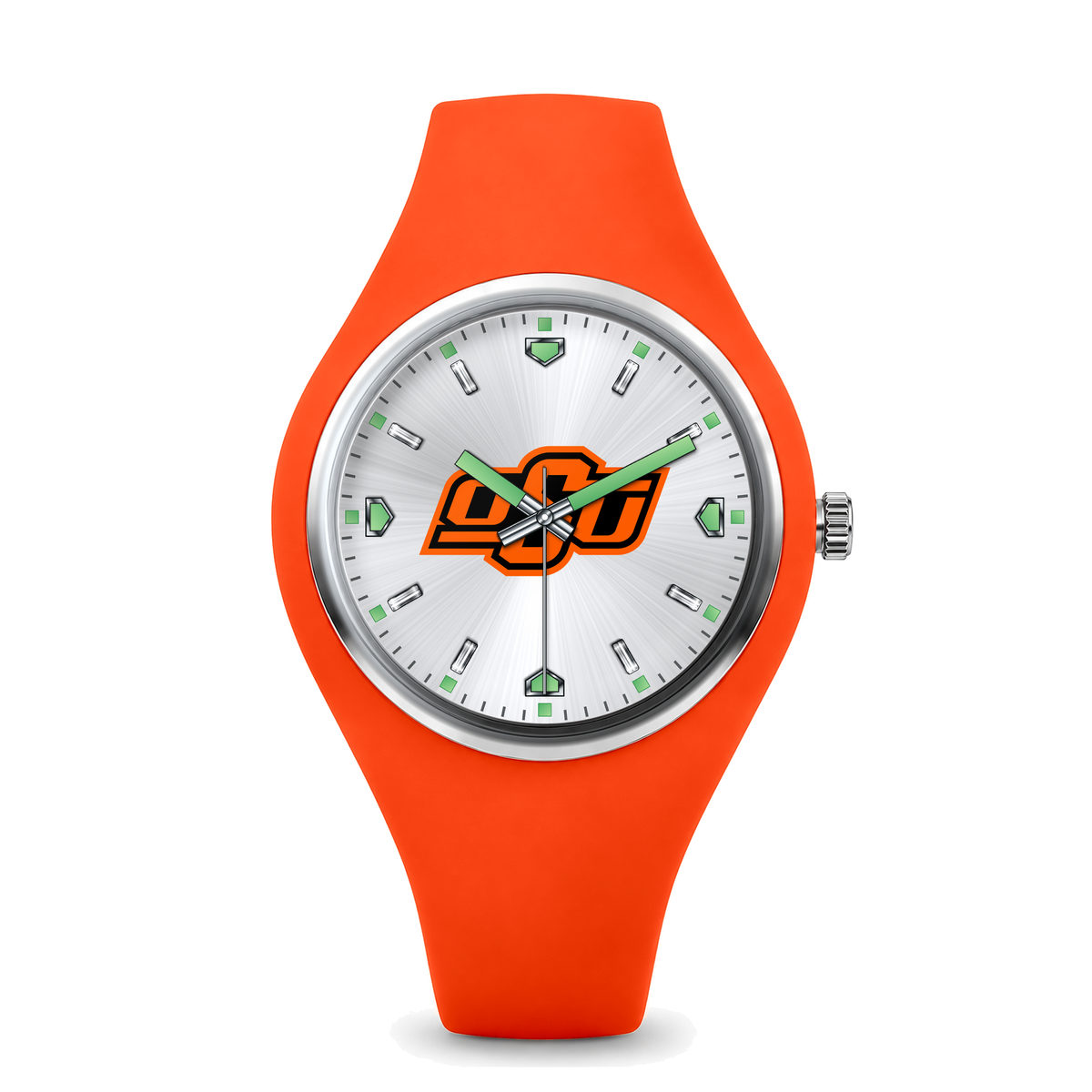 Oklahoma State Cowboys Silver Dial Silicone Watch with orange silicone band