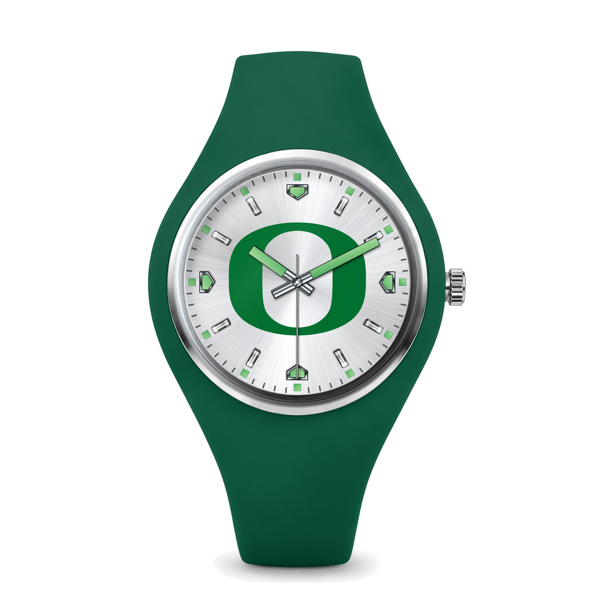 Oregon Ducks Silver Dial Silicone Watch with green silicone band