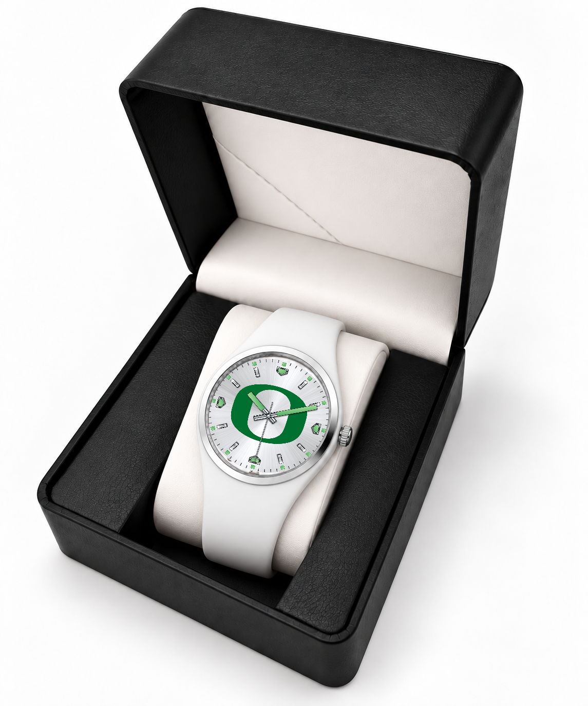 Oregon Ducks Silver Dial Silicone Watch with white silicone band in LicensedTime gift box