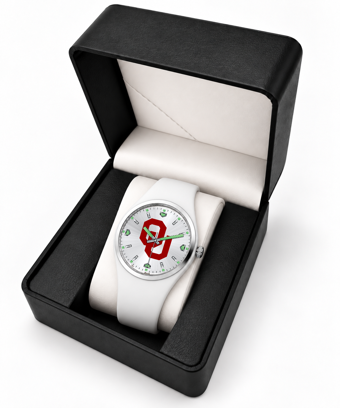 Oklahoma Sooners Silver Dial Silicone Watch with white silicone band in LicensedTime gift box