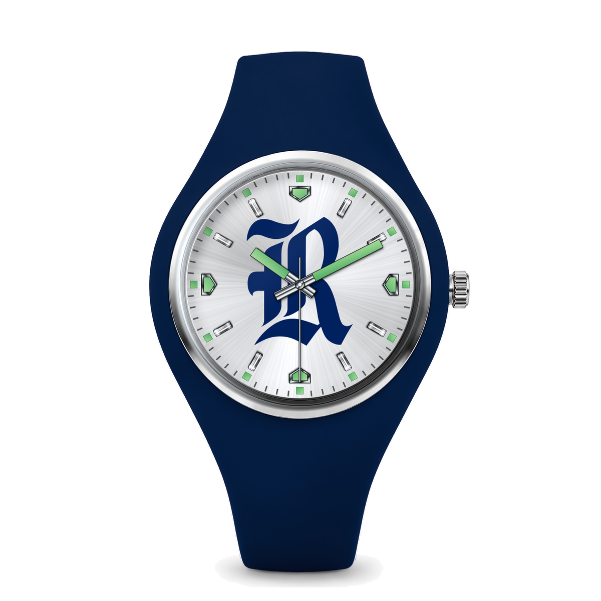 Rice Owls Silver Dial Silicone Watch with navy silicone band