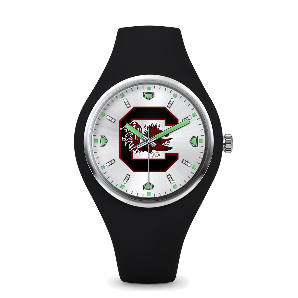South Carolina Gamecocks Silver Dial Silicone Watch with black silicone band