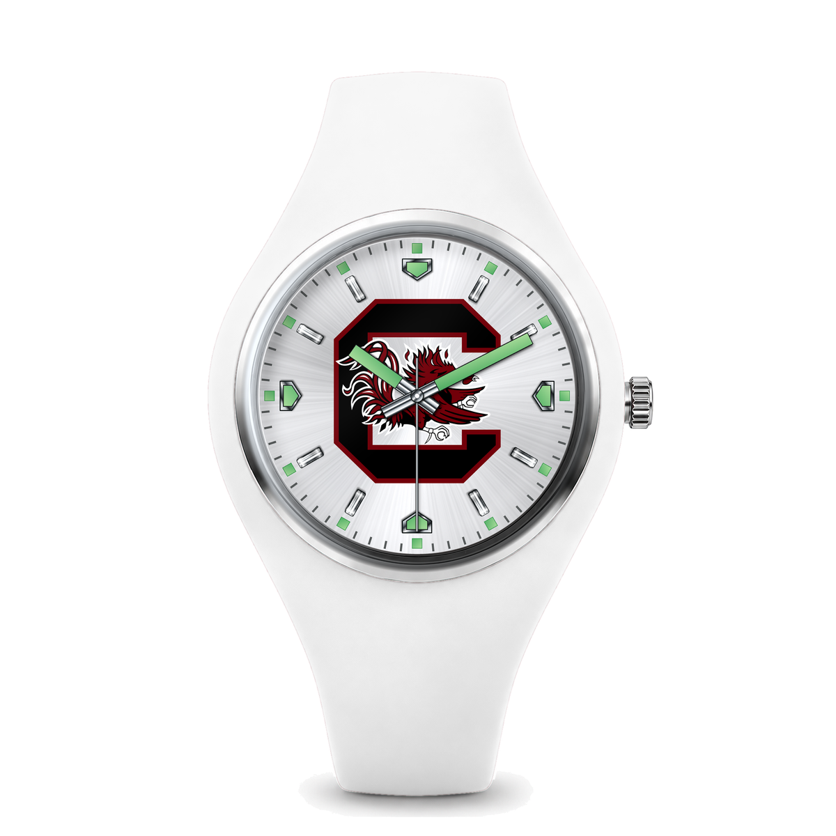 South Carolina Gamecocks Silver Dial Silicone Watch with white silicone band