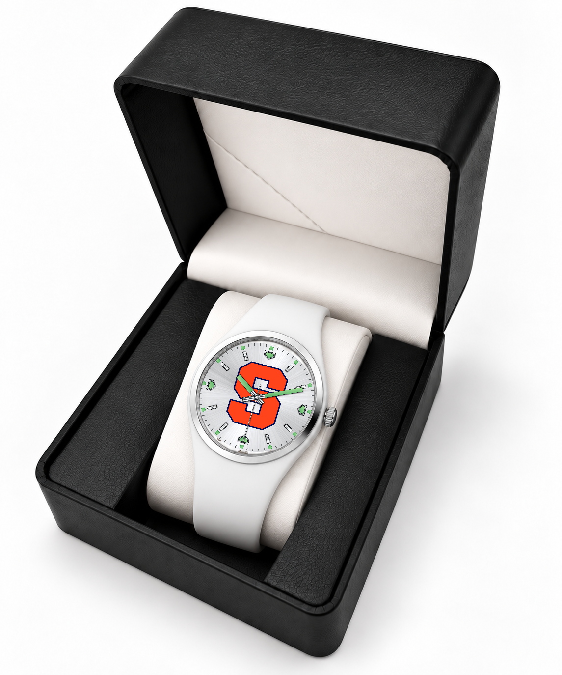 Syracuse Orange Silver Dial Silicone Watch with white silicone band in LicensedTime gift box