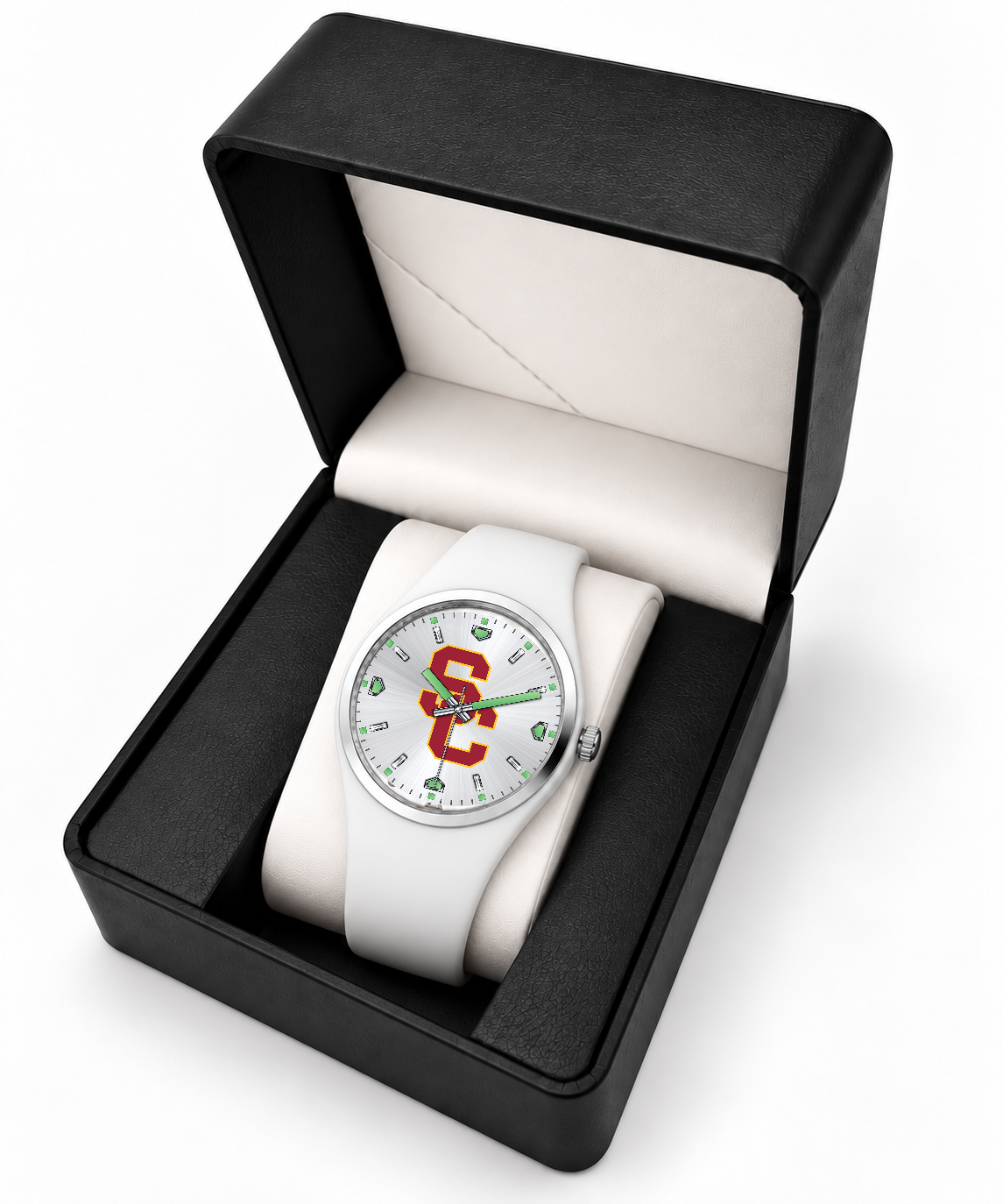 USC Trojans Silver Dial Silicone Watch with white silicone band in LicensedTime gift box