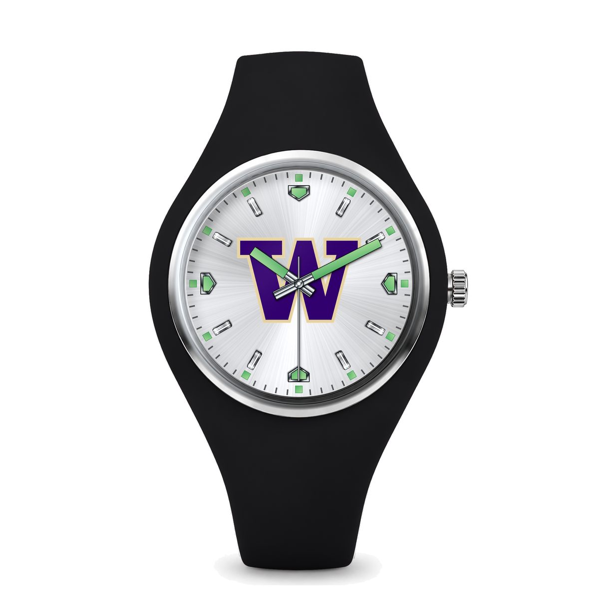 Washington Huskies Silver Dial Silicone Watch with black silicone band