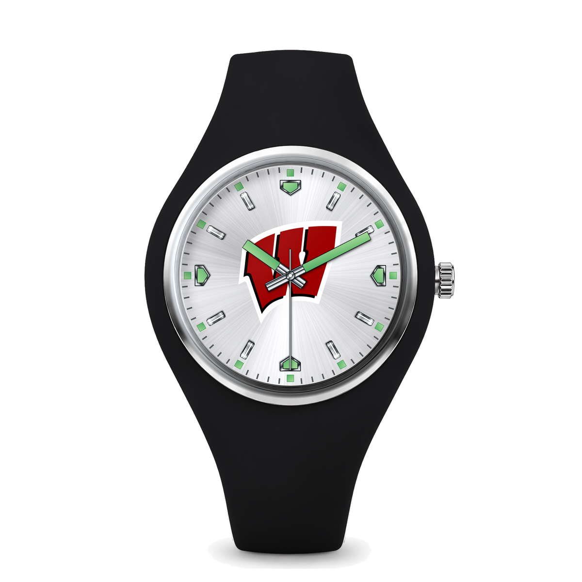 Wisconsin Badgers Silver Dial Silicone Watch with black silicone band