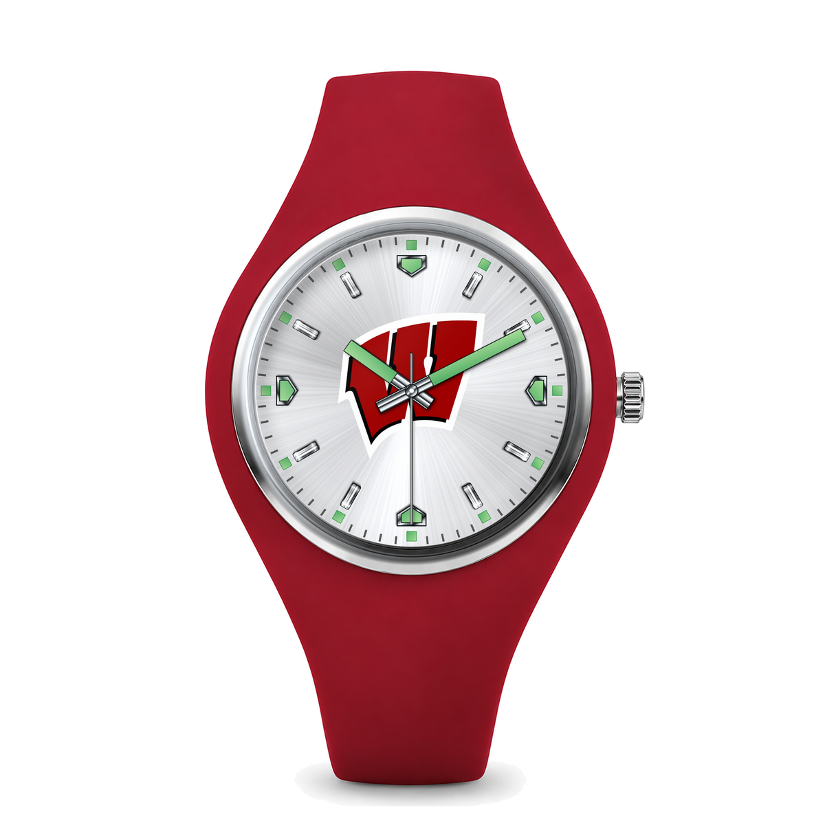 Wisconsin Badgers Silver Dial Silicone Watch with red silicone band