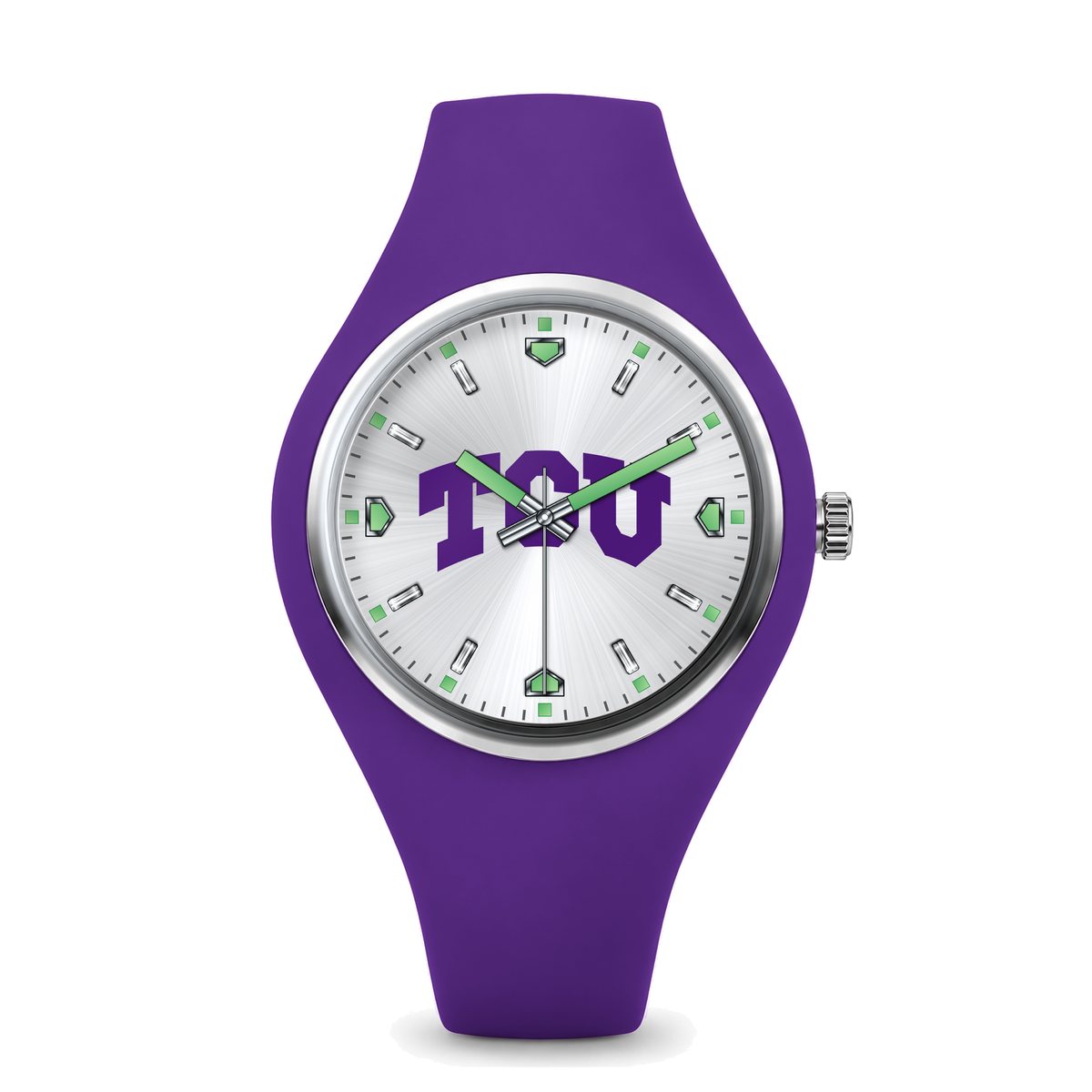 TCU Horned Frogs Silver Dial Silicone Watch with purple silicone band